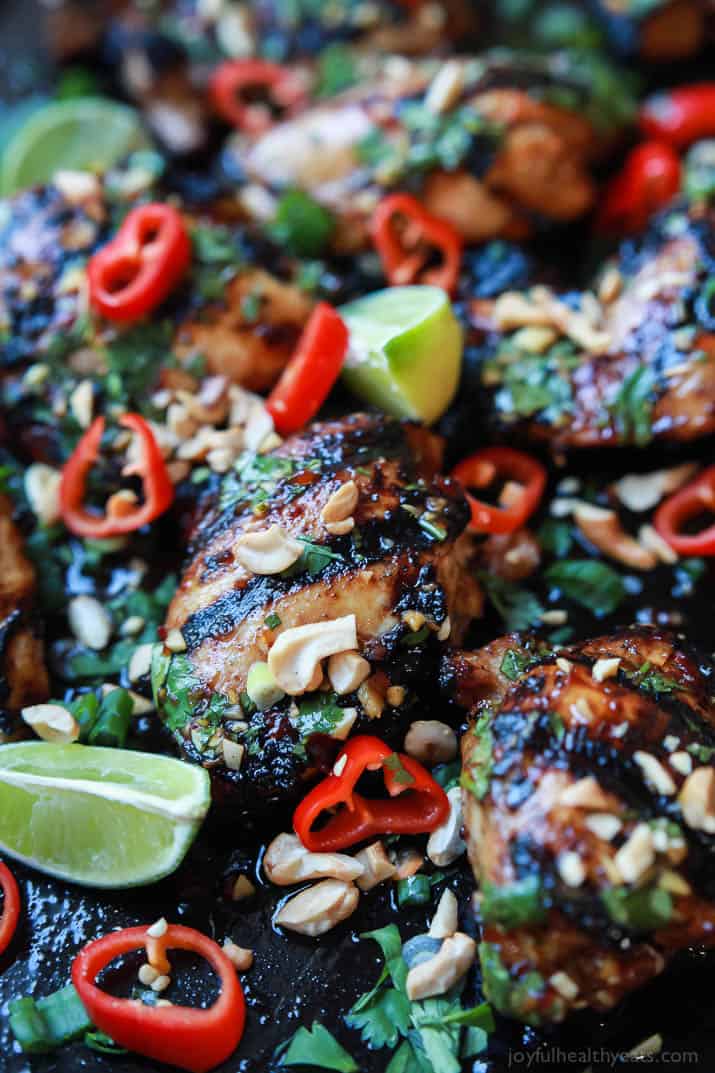 Gluten Free Spicy Thai Grilled Chicken, filled with bold asian flavors, extremely moist tender meat, and easy enough for a weeknight! A meal so irresistible your family is going to fall in love! | joyfulhealthyeats.com