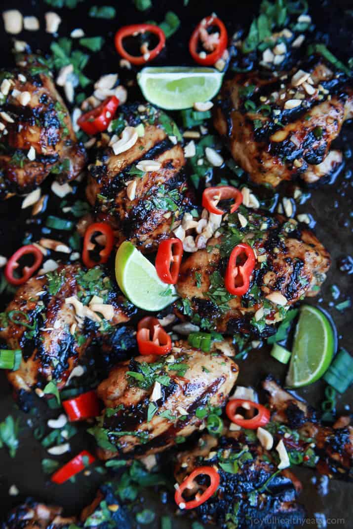 Gluten Free Spicy Thai Grilled Chicken, filled with bold asian flavors, extremely moist tender meat, and easy enough for a weeknight! A meal so irresistible your family is going to fall in love! | joyfulhealthyeats.com