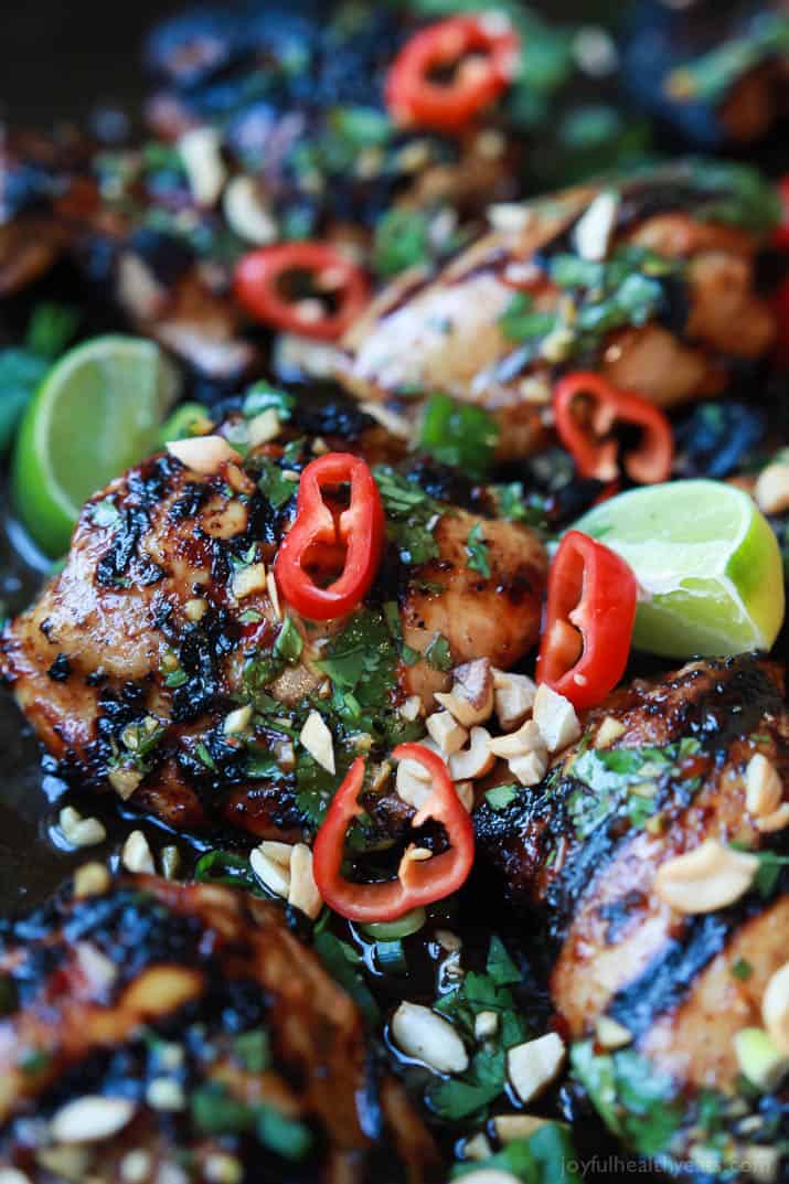 Gluten Free Spicy Thai Grilled Chicken, filled with bold asian flavors, extremely moist tender meat, and easy enough for a weeknight! A meal so irresistible your family is going to fall in love! | joyfulhealthyeats.com