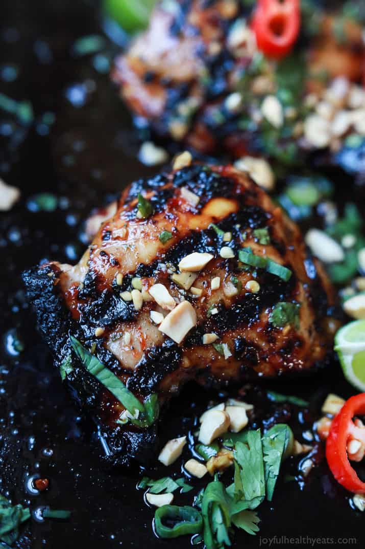 Gluten Free Spicy Thai Grilled Chicken, filled with bold asian flavors, extremely moist tender meat, and easy enough for a weeknight! A meal so irresistible your family is going to fall in love! | joyfulhealthyeats.com