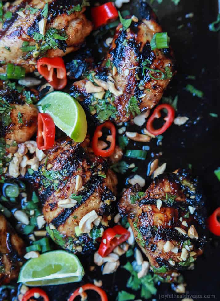 Gluten Free Spicy Thai Grilled Chicken, filled with bold asian flavors, extremely moist tender meat, and easy enough for a weeknight! A meal so irresistible your family is going to fall in love! | joyfulhealthyeats.com