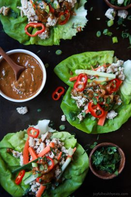 Thai Chicken Lettuce Wraps with Spicy Peanut Sauce