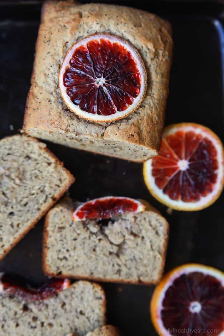 Top view of slices of Blood Orange Poppy Seed Bread