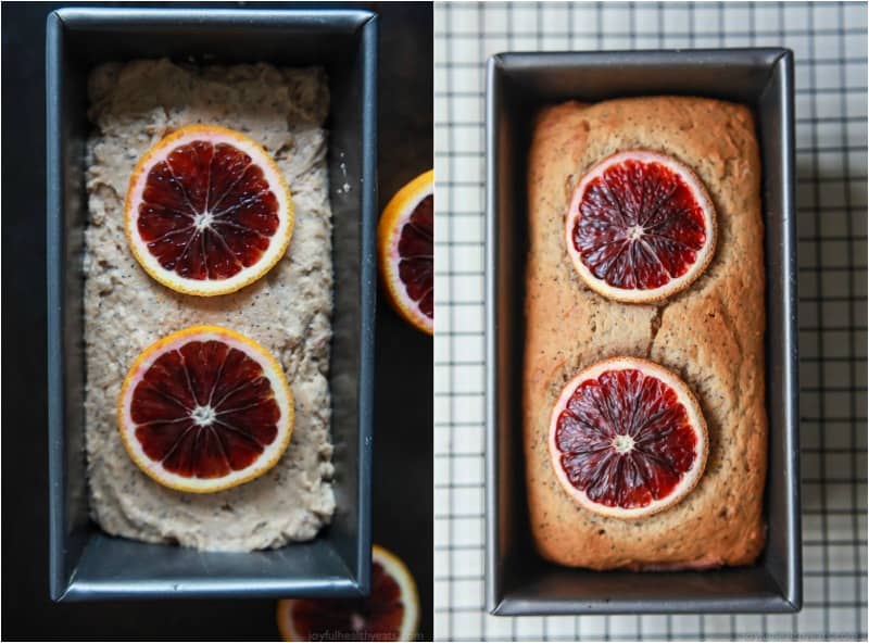 A collage of photos of unbaked and baked Blood Orange Poppy Seed Bread in a pan with two slices of blood orange on top