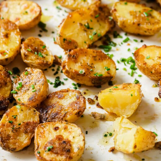 Landscape photo of roasted potatoes.