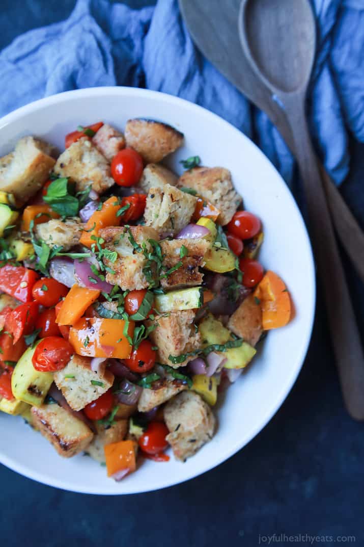 Top view of Grilled Vegetable Panzanella Salad in a bowl