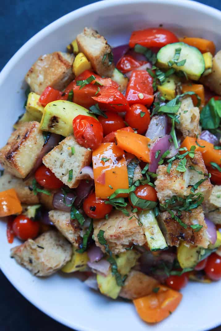 Top view of Grilled Vegetable Panzanella Salad in a bowl