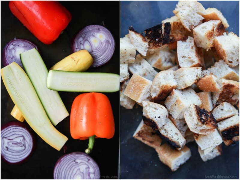 Collage of vegetables and bread cubes for Grilled Vegetable Panzanella Salad