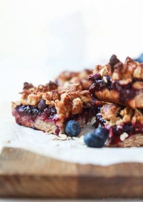 Lemon Blueberry Oatmeal Bars, filled with fresh fruit, lemon zest, and topped with a crumble that you won't be able to stop munching on! These Bars are easy to throw together and make a great breakfast, snack, or even dessert! | joyfulhealthyeats.com