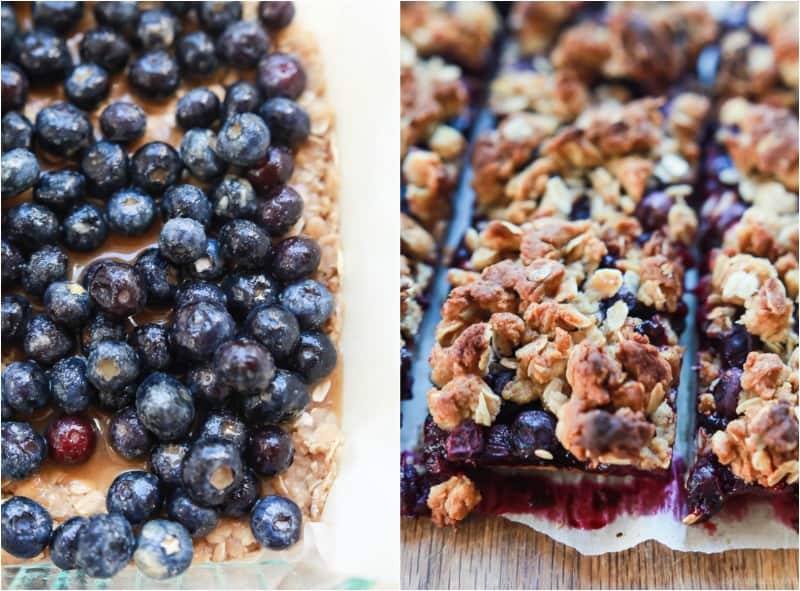 An unbaked batch of blueberry bars before the topping has been added beside a second image that shows the finished bars