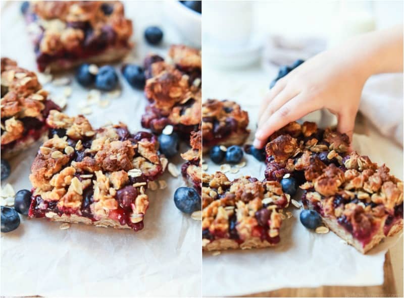 Two side-by-side images of lemon blueberry oatmeal bars on a sheet of parchment paper