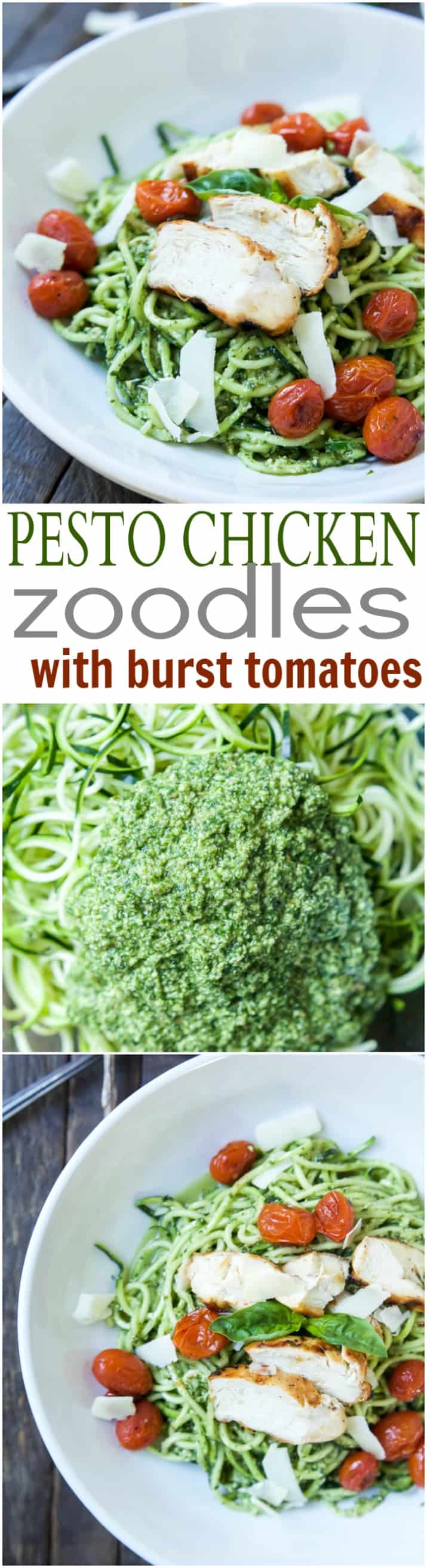 An easy dinner recipe for a busy week, and no stove needed! Pesto Chicken Zoodles with Burst Tomatoes, full of bold flavors, high in protein, and in low carbs! Your family will love it! | joyfulhealthyeats.com