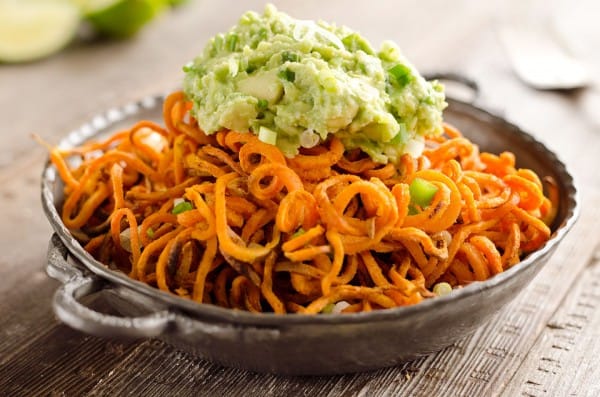 Spicy Roasted Sweet Potato Spirals with Guacamole