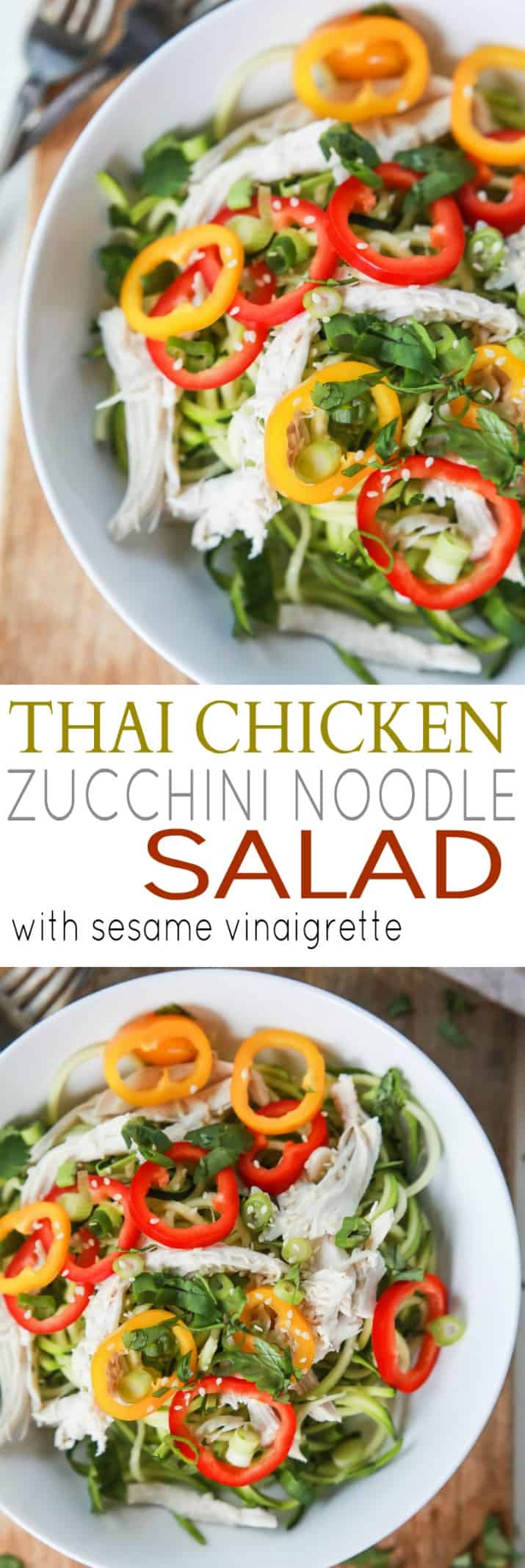 Thai Chicken Zucchini Noodle Salad with a Sesame Vinaigrette done in 15 minutes and only 324 calories. This salad is served cold with raw zucchini noodles, it is refreshing, light, filled with bold flavors and perfect for the summer! | joyfulhealthyeats.com #glutenfree