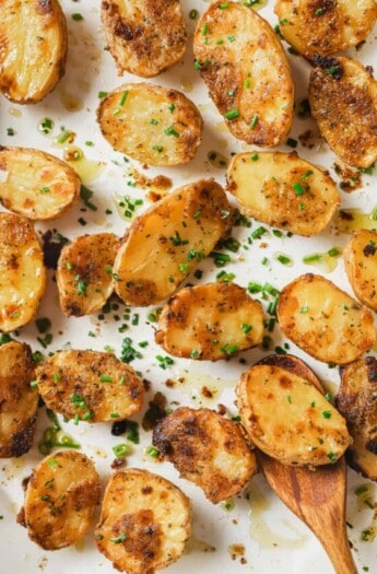 Photo of golden roasted potatoes with ranch dressing seasoning.