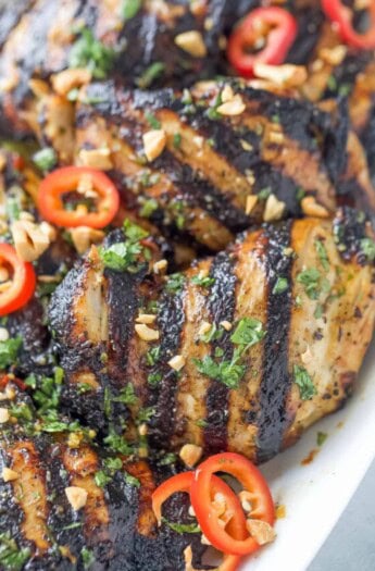 Close-up of freshly-grilled sweet-and-savory Thai chicken.