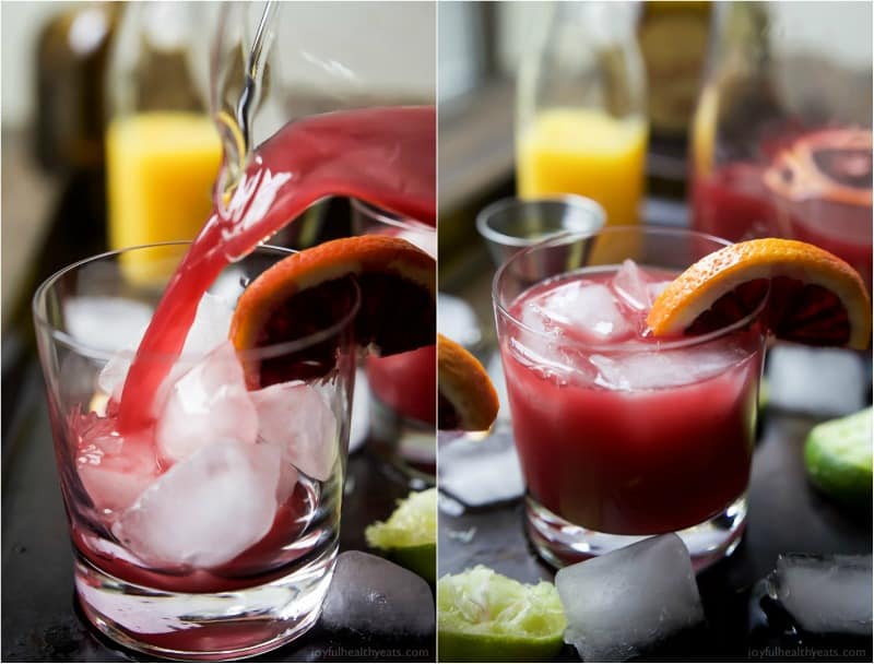 A collage of a rocks glass with ice and a rocks glass filled with Blood Orange Margarita with blood orange garnish
