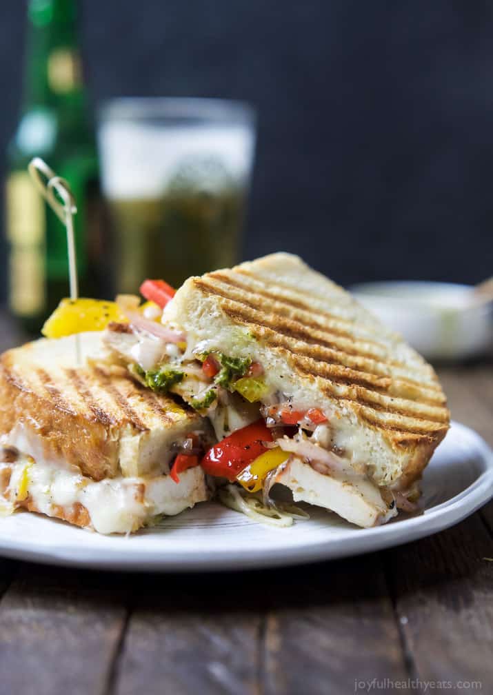 Two halves of Grilled Chicken Fajita Panini on a plate