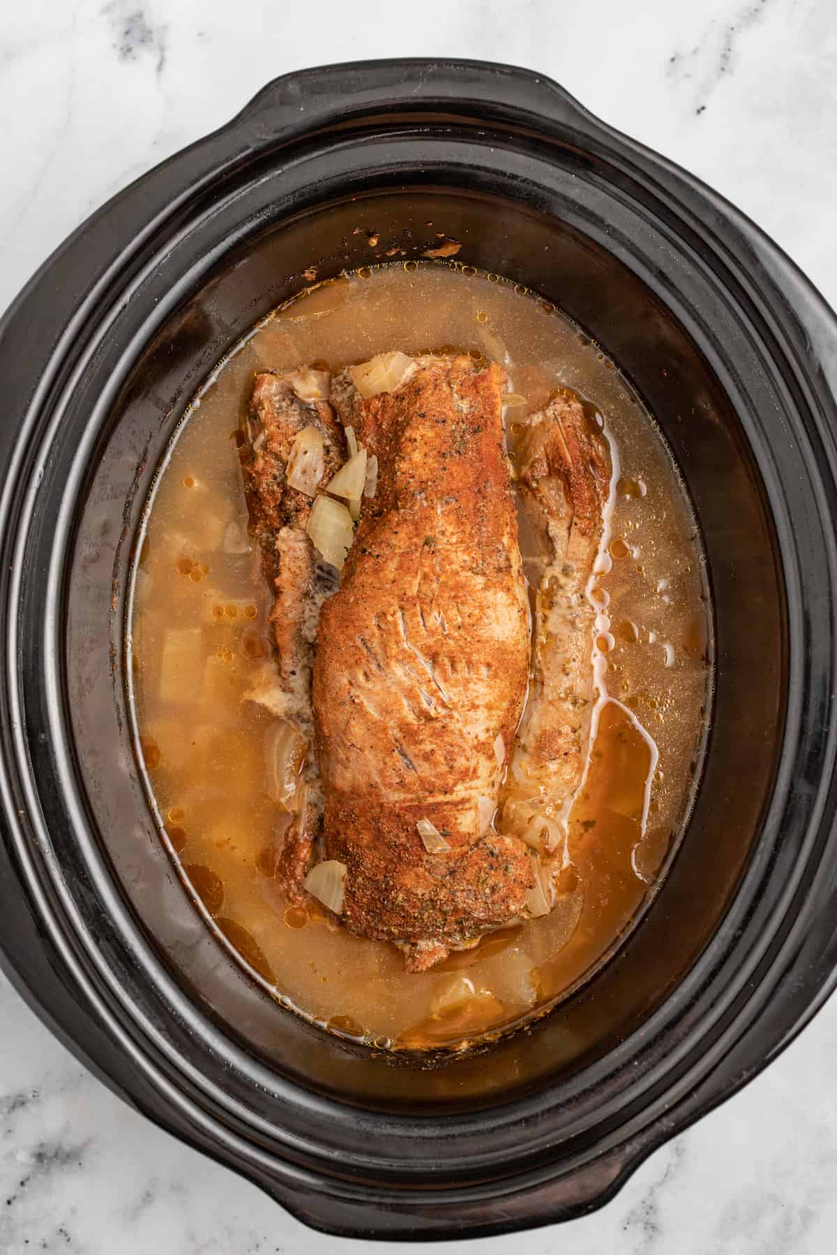 Cooked pork in the crockpot. 