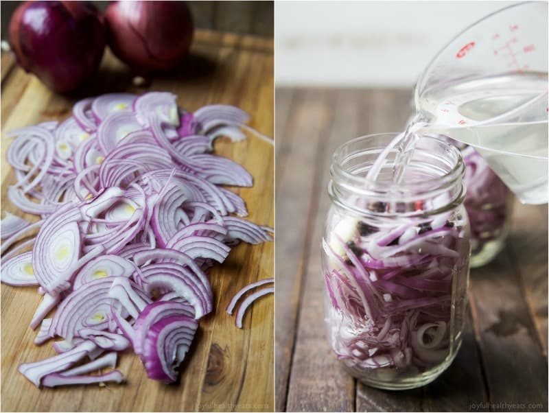 Collage of sliced red onions on a cutting board and in a jar