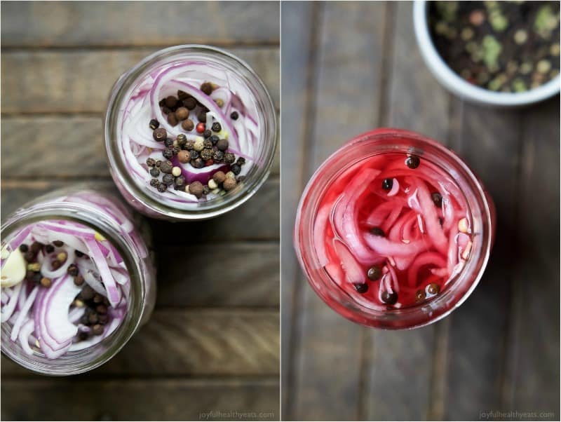 Top view of jars of Onions Before & After Pickling