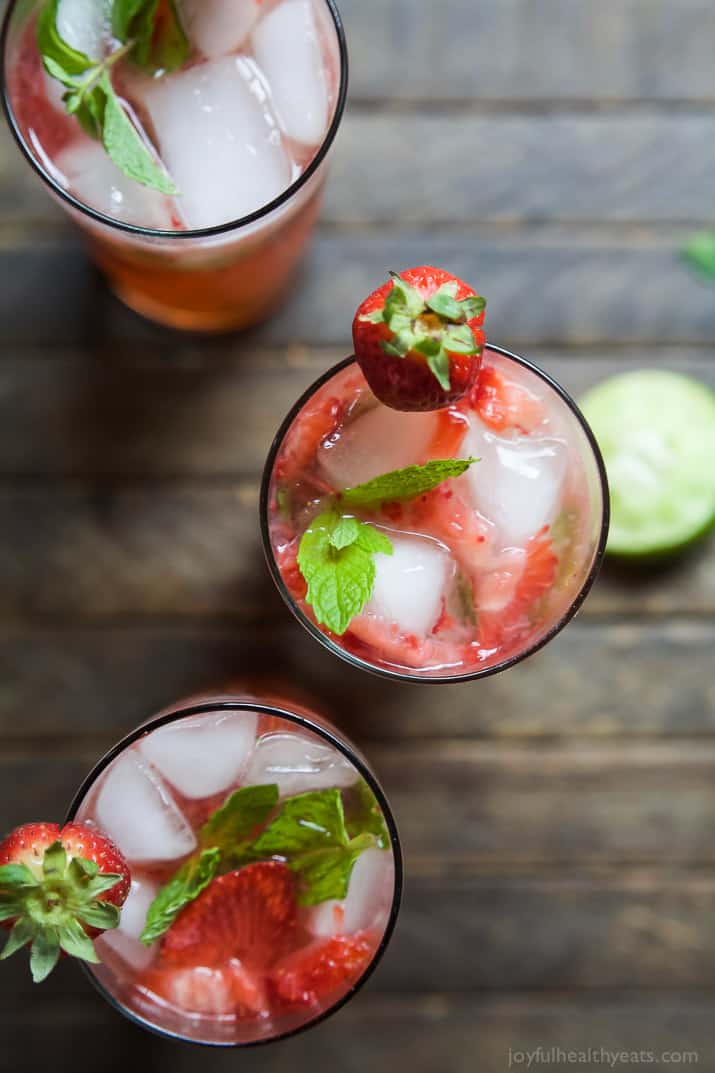 Top view of three glasses of Strawberry Mojito