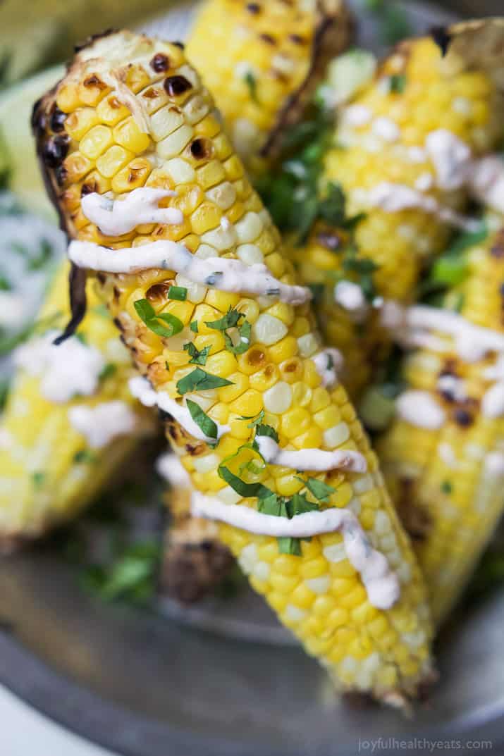 Close-up view of Grilled Corn on the Cob with Creamy Roasted Jalapeno Sauce