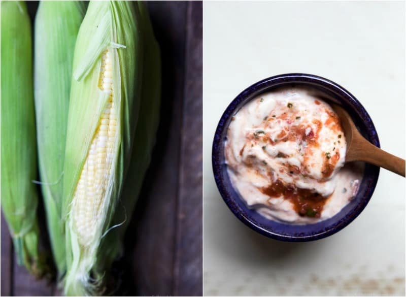 Collage of ears of corn and a bowl of Creamy Roasted Jalapano Sauce