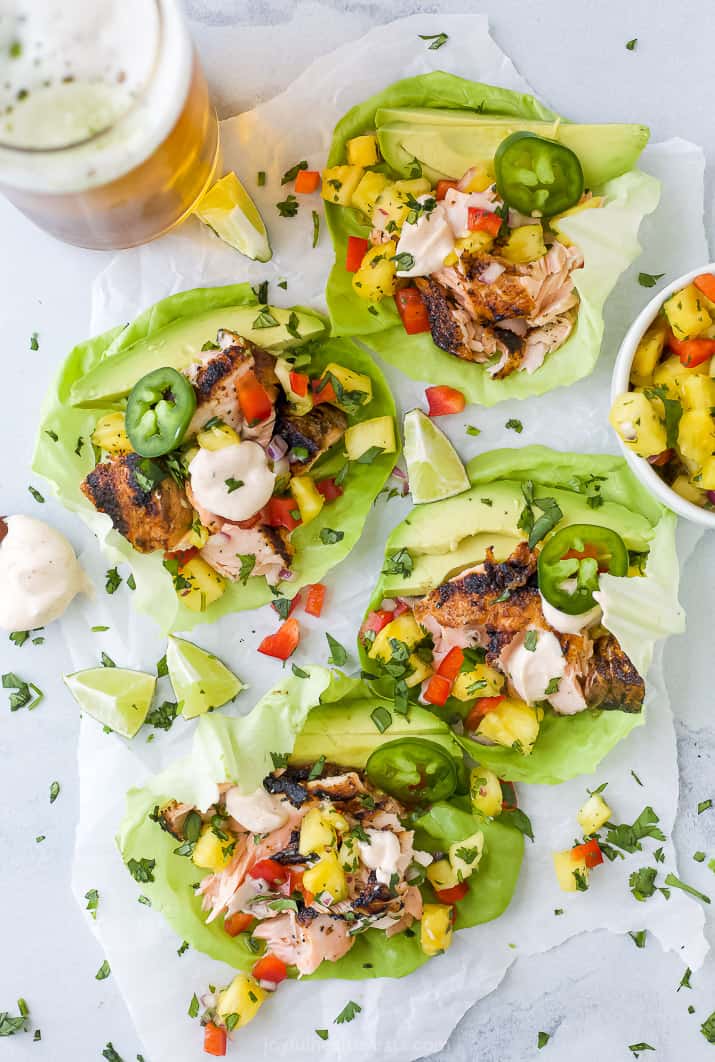 grilled salmon on a lettuce wrap taco