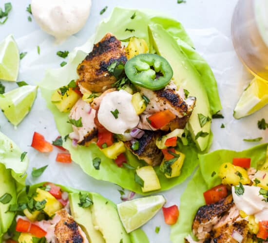 close up of blackened salmon taco with pineapple salsa