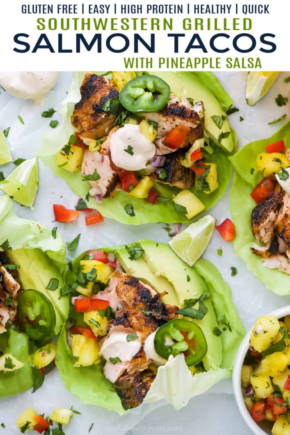 pinterest image for grilled salmon tacos with pineapple salsa