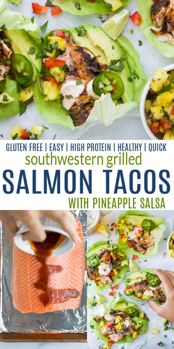 pinterest image for grilled salmon tacos with pineapple salsa