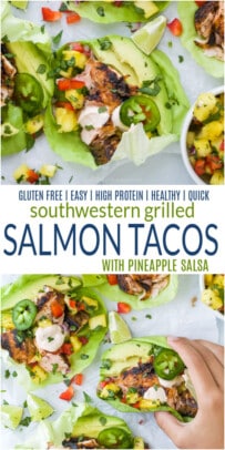 pinterest image for grilled salmon tacos with pineapple salsa