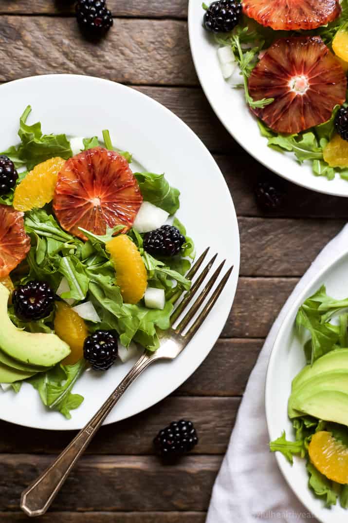 Summer Citrus Avocado Salad filled with fresh blackberries, avocado, spicy arugula, and vibrant citrus then finished with a Citrus Vinaigrette. This Salad is light, refreshing, low calorie, and takes minutes to make! | joyfulhealthyeats.com #glutenfree #vegetarian #paleo