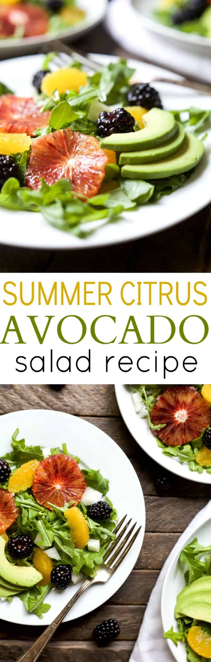 Summer Citrus Avocado Salad filled with fresh blackberries, avocado, spicy arugula, and vibrant citrus then finished with a Citrus Vinaigrette. This Salad is light, refreshing, low calorie, and takes minutes to make! | joyfulhealthyeats.com #glutenfree #vegetarian #paleo