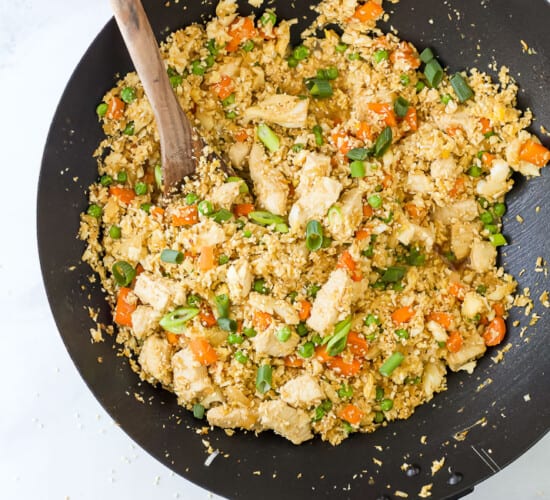 wok filled with low carb chicken fried rice