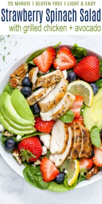 pinterest image for the best avocado strawberry spinach salad with chicken