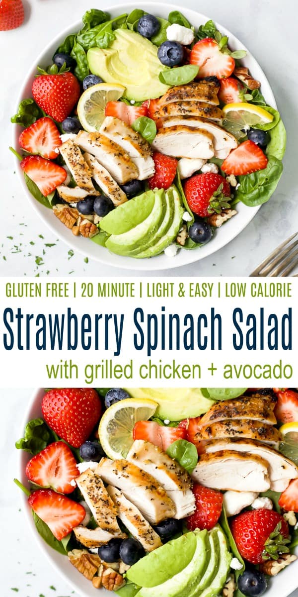 pinterest image for the best avocado strawberry spinach salad with grilled chicken