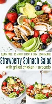 pinterest image for best avocado strawberry spinach salad with chicken