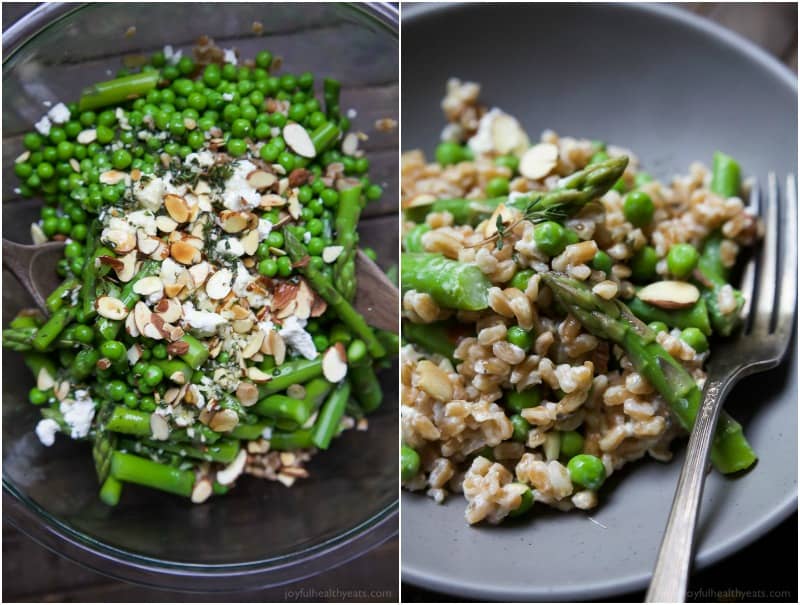 Springtime Farro Salad ingredients in a bowl and a serving of Farro Salad on a plate