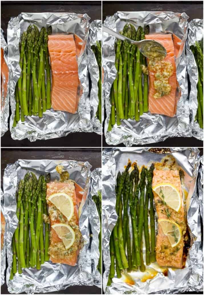 asparagus and salmon in foil at various stages of preparation