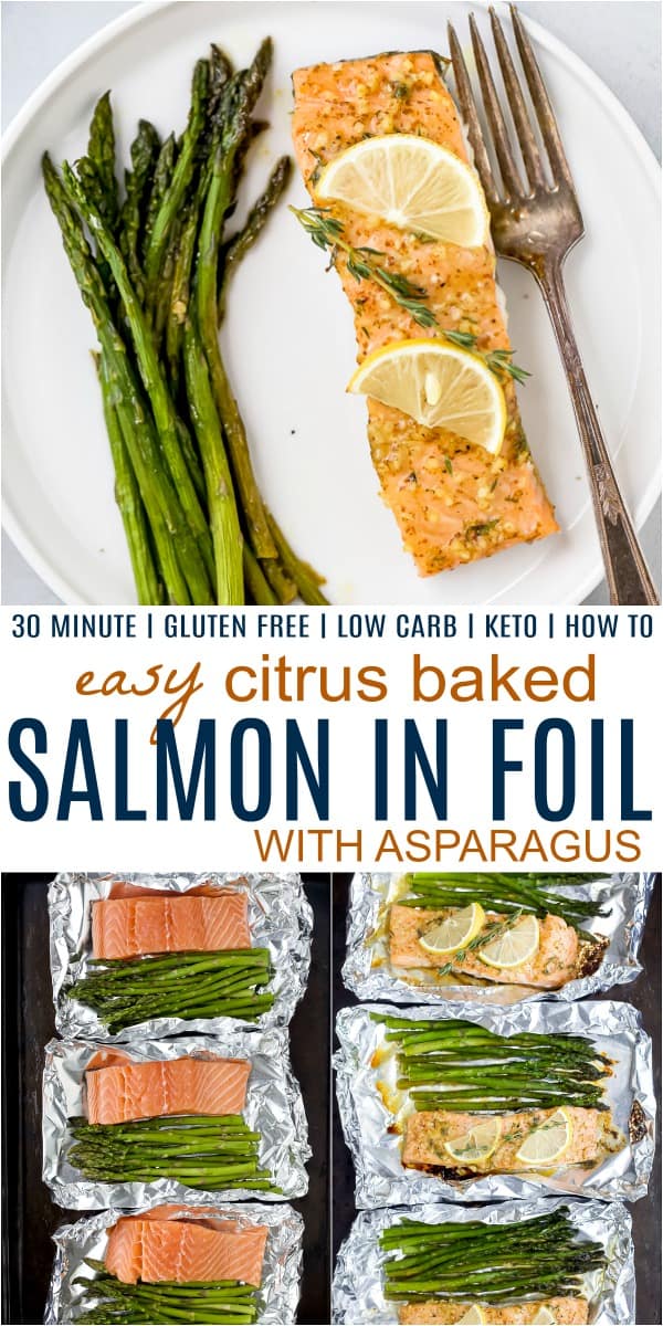 Pinterest collage for citrus baked salmon in foil with asparagus recipe