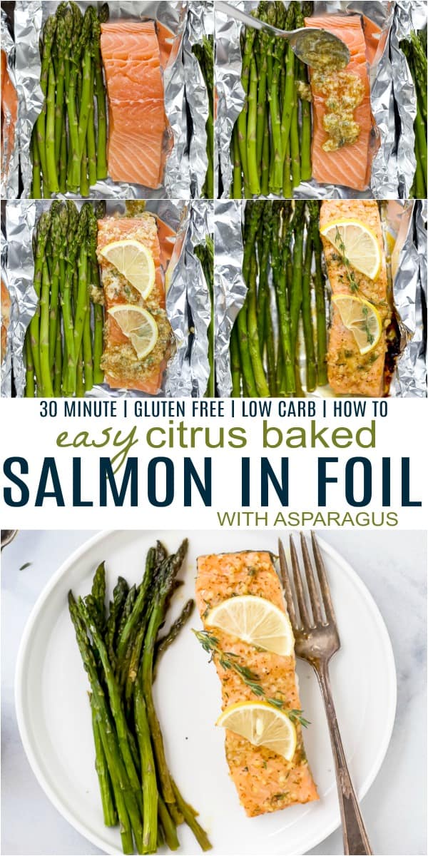 Pinterest collage for citrus baked salmon in foil with asparagus recipe
