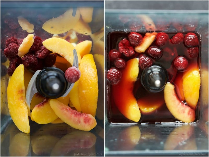 Top view of Frozen Raspberry Peach Sangria ingredients in a blender