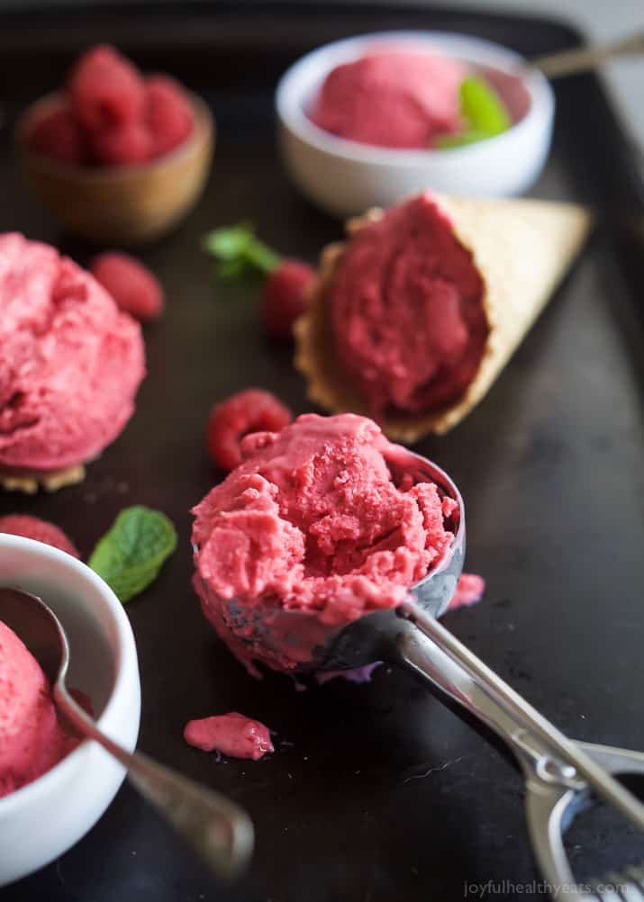 Lemon Raspberry Frozen Yogurt in an ice cream scoop