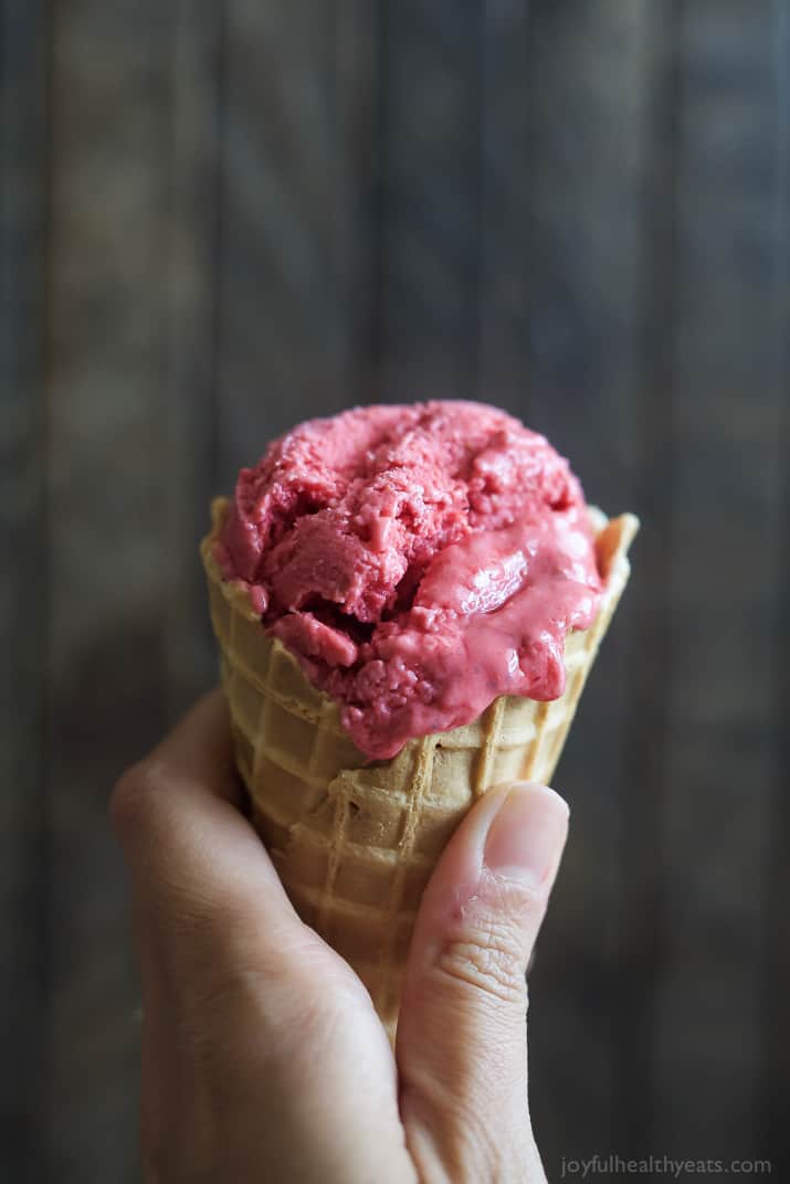 Lemon Raspberry Frozen Yogurt in a waffle cone