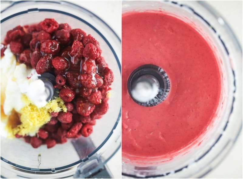 A collage of two images of Lemon Raspberry Frozen Yogurt ingredients in a food processor bowl