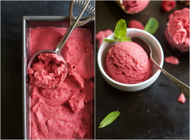 A collage of two images of a batch of Lemon Raspberry Frozen Yogurt in a pan and a scoop in a bowl