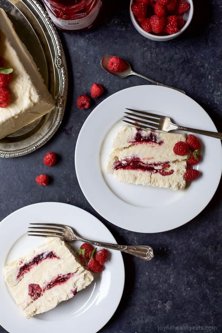 Indulgent Raspberry Amaretto Semifreddo, it's everything ice cream wishes it could be - light, creamy, and airy. This dessert is perfect for the summer and you'll love the secret sauce nestled inside every bite!| joyfulhealthyeats.com #glutenfree #ad #dairyfree