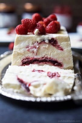 Close-up of the layered vanilla-raspberry semifreddo recipe.